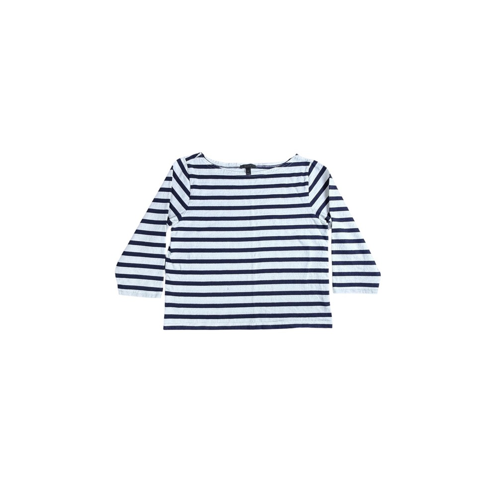J.Crew Women Navy Blue White Striped Boatneck 3/4 Sleeve Cotton Top Size M